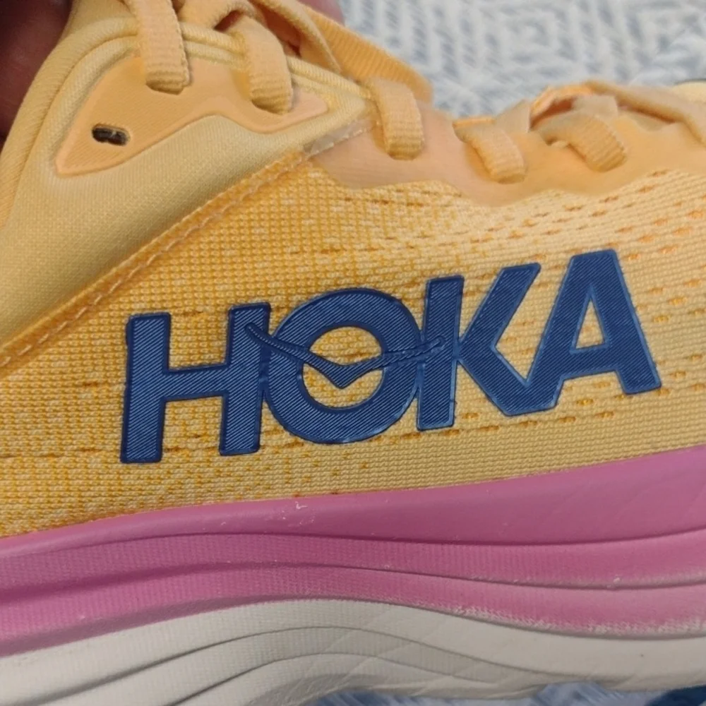 Hoka One One Bondi 8 Women's Yellow and Pink Running Shoes - Picture 2 of 14